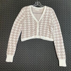 Aeropostale Women's Small Pink White Houndstooth Crop Sweater Cardigan Soft Knit